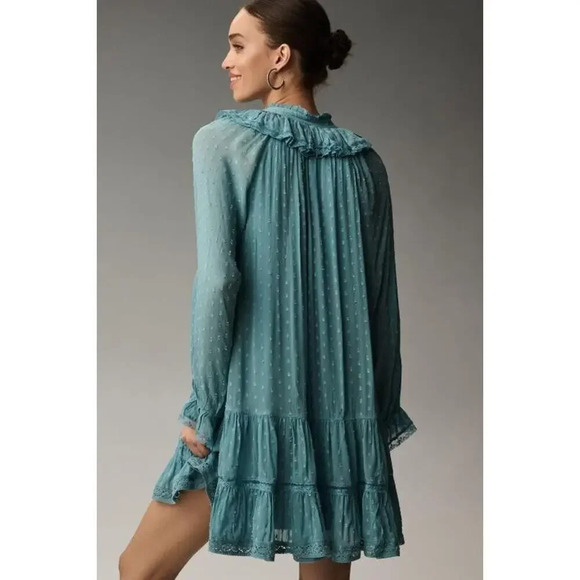NWT By Anthropologie Long-Sleeve V-Neck Ruffled Tunic Dress Sz S TURQUOISE 9F410 - Picture 3 of 11